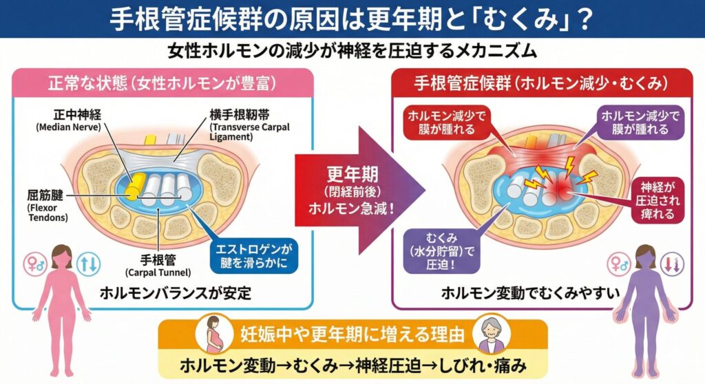 女性の更年期とむくみが手の痺れの原因となり、手根管症候群となってしまう流れをまとめた画像
