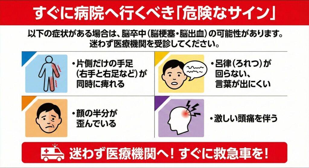 手の痺れを感じて接骨院に行く前に、病院に行くべきな危険なサインをまとめた画像
