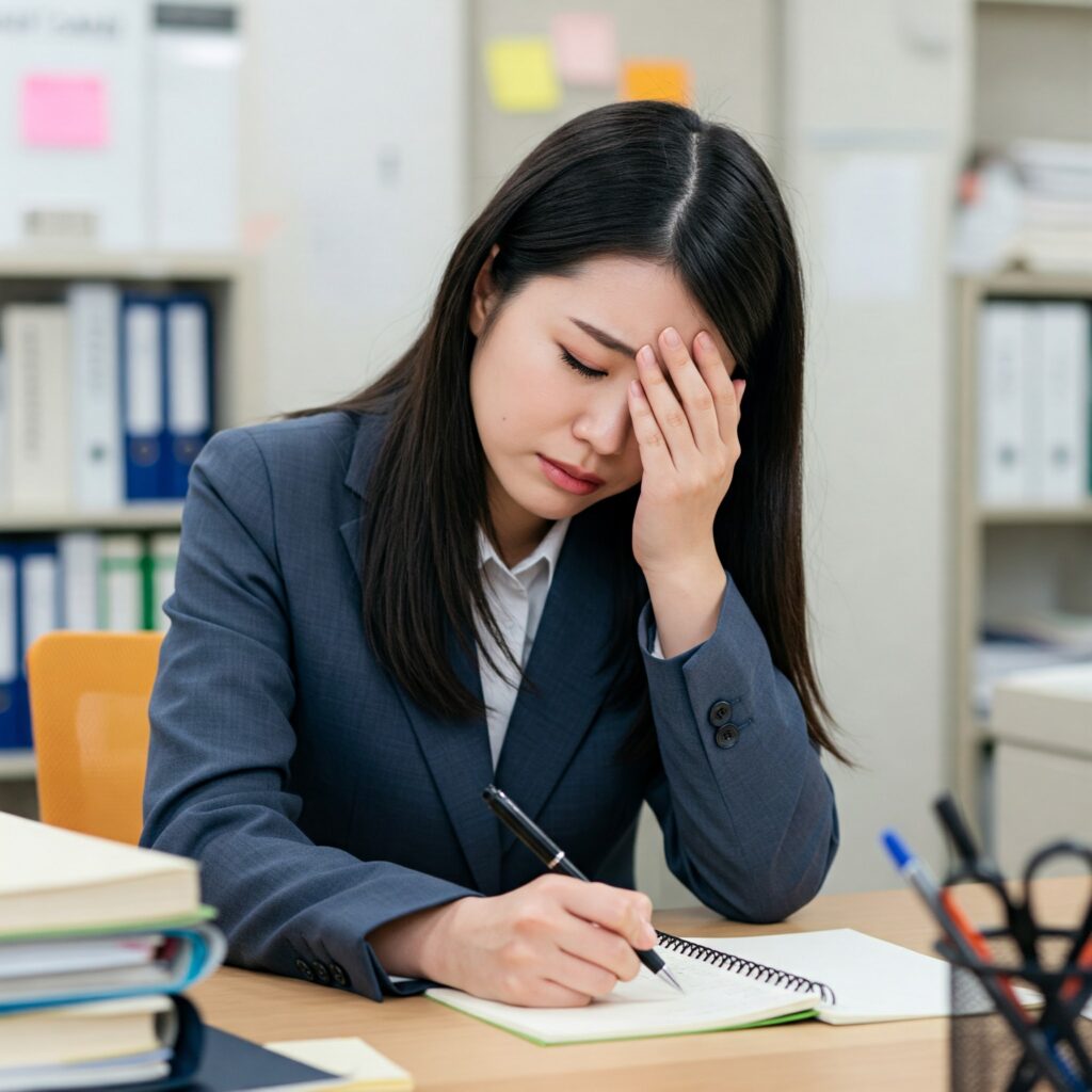 仕事中に寝違えからくる頭痛によって作業に集中できない女性