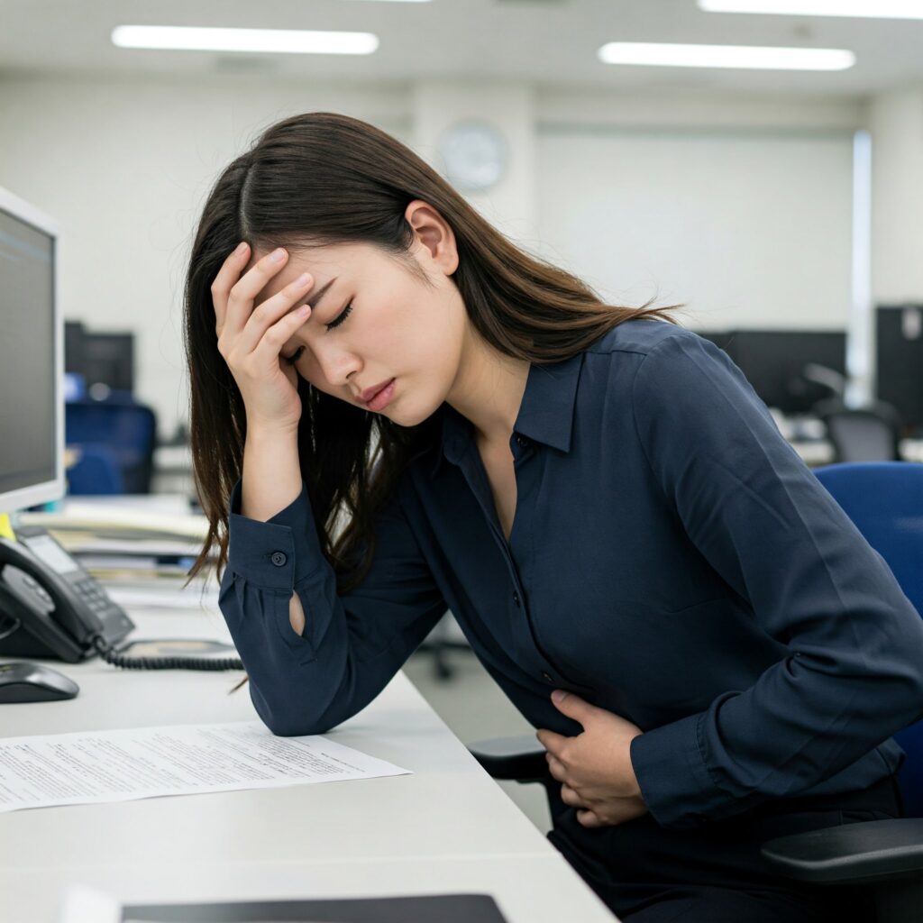 自律神経が乱れて頭痛や腹痛などの不調が現れている女性