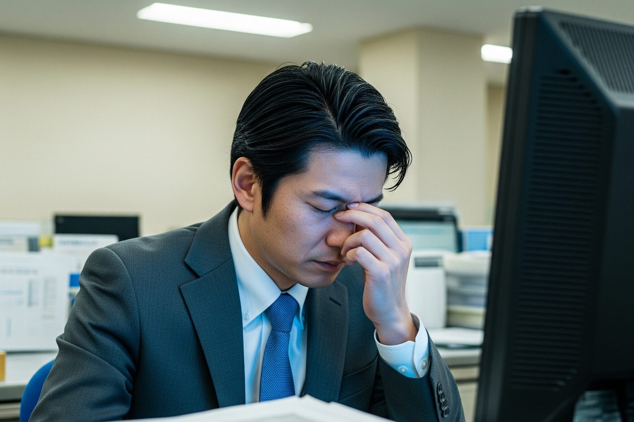 日々のデスクワークで眼精疲労を感じている男性がヘッドスパを受けるか悩んでいる様子