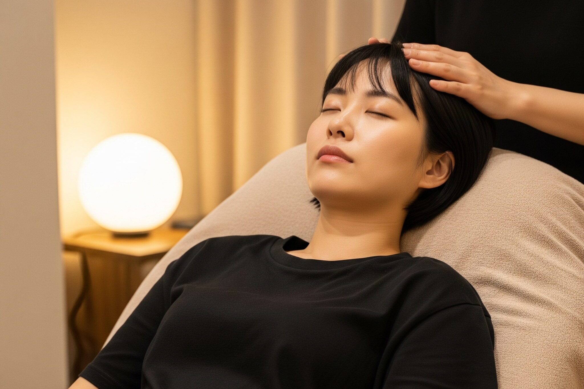 ヘッドスパを整体院で受けて気持ちよく寝ている女性の画像