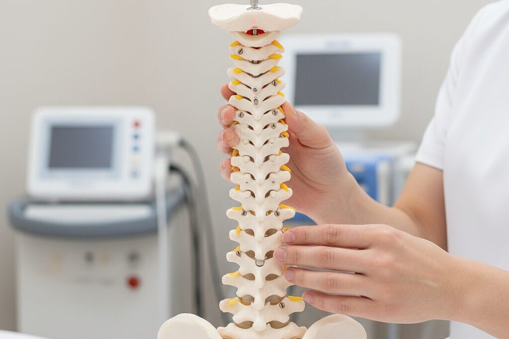 交通事故治療の前に、整形外科の医師が症状の状態について説明している様子