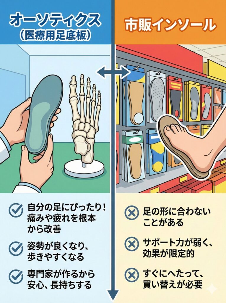 オーソティクスと市販インソールの違いを簡潔にまとめた画像