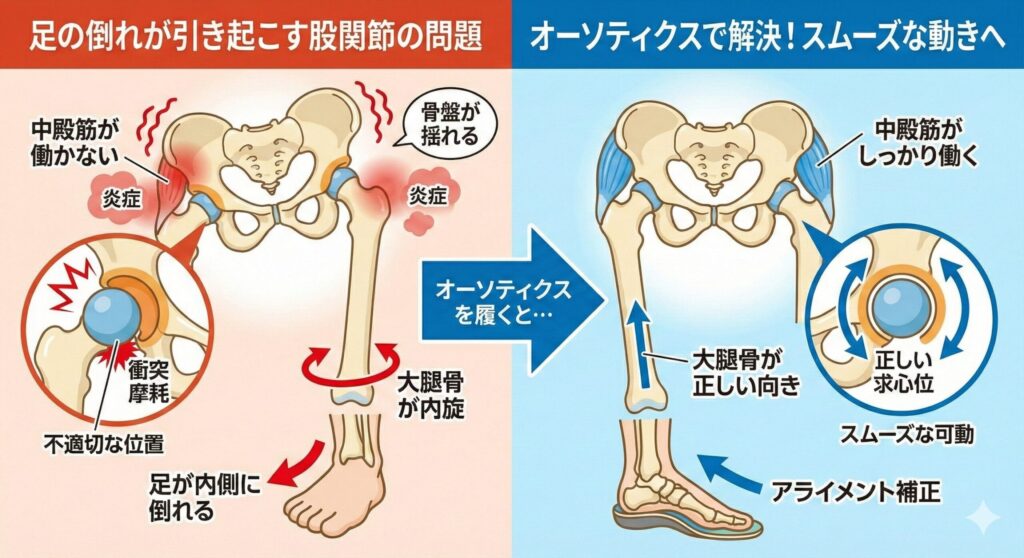 股関節痛の原因となる大腿骨内旋がオーソティクスによって解消するイメージ