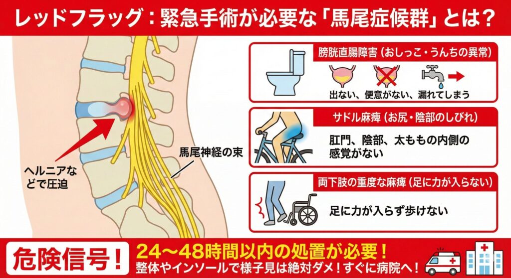 オーソティクスでは対応できない緊急性の高い疾患の馬尾症候群について分かりやすいイメージ画像