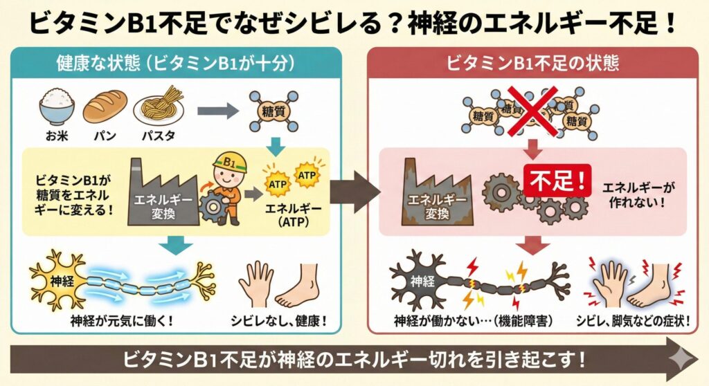 ビタミンB1の不足が手の痺れの原因となってしまう要因をまとめた画像