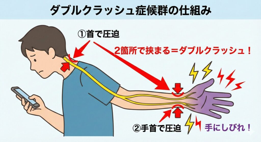 手の痺れ（しびれ）の原因の１つであるダブルクラッシュ症候群の説明画像