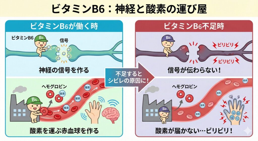 手の痺れ（しびれ）にビタミンB6が関連していることが理解できるイメージ画像